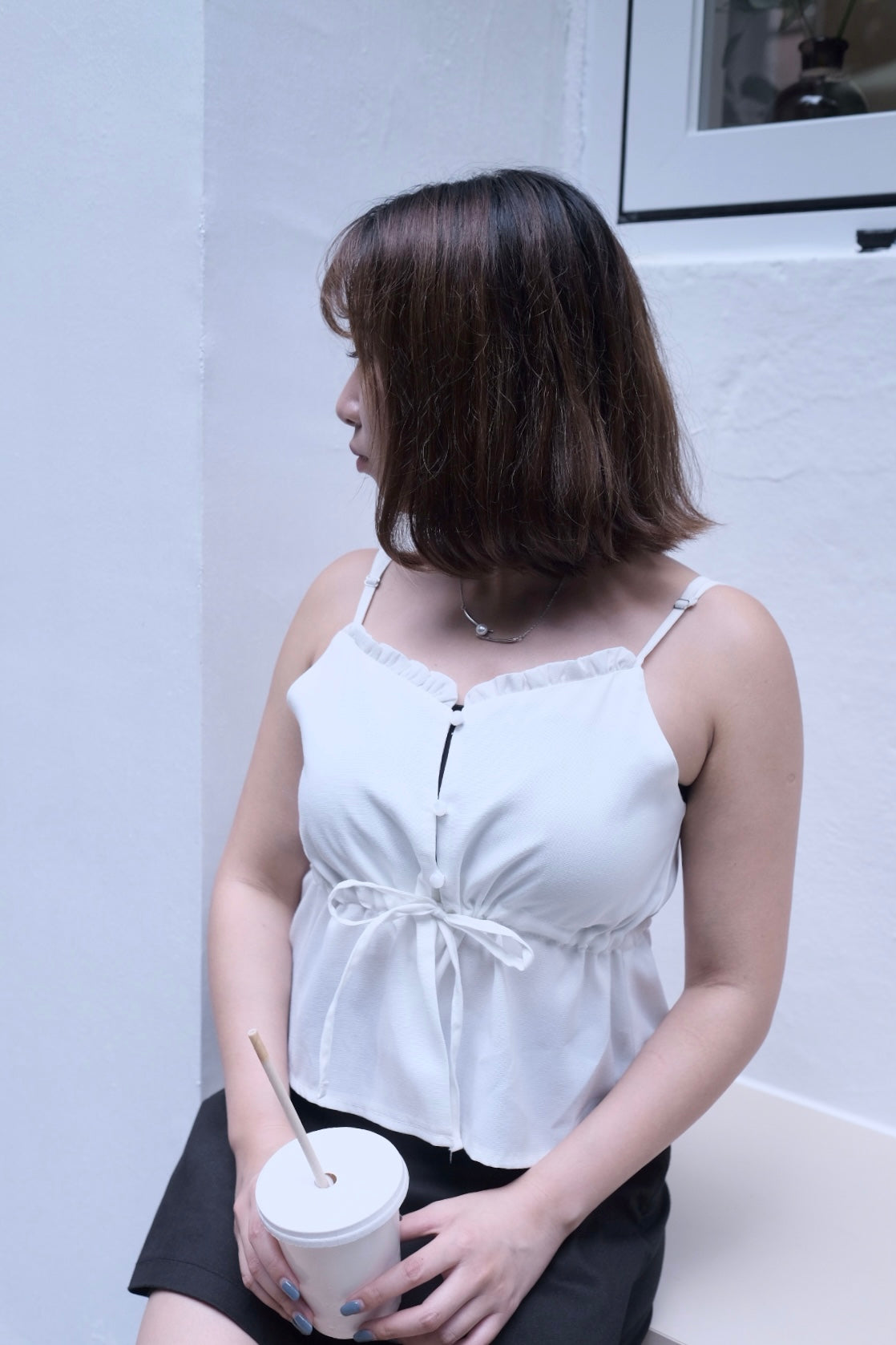 甜美女生~小褶領鈕扣束腰上衣