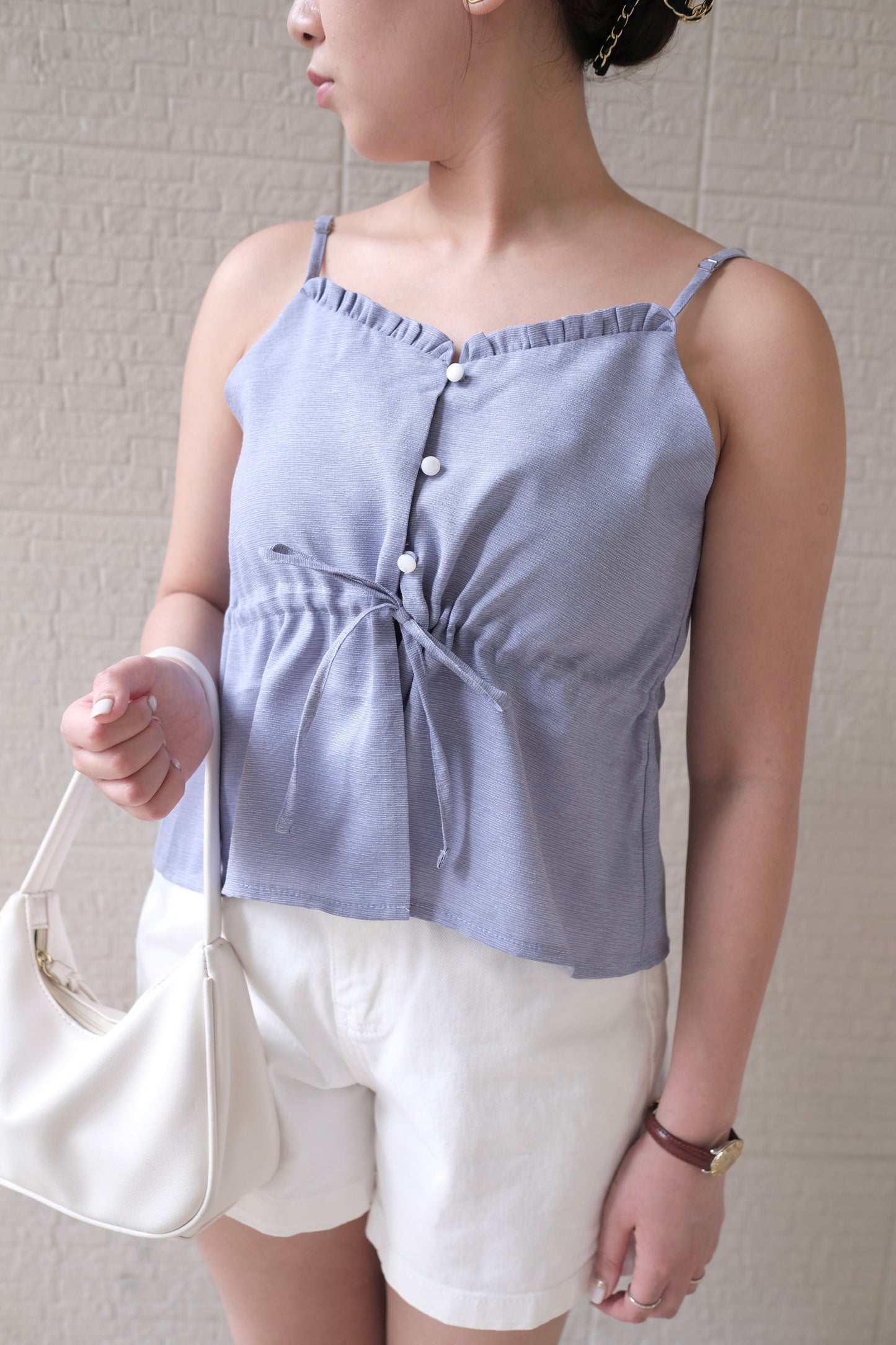 甜美女生~小褶領鈕扣束腰上衣